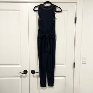 NWT Lauren Ralph‎ Lauren Navy Blue Jumpsuit Brown Leather Size S MSRP $245